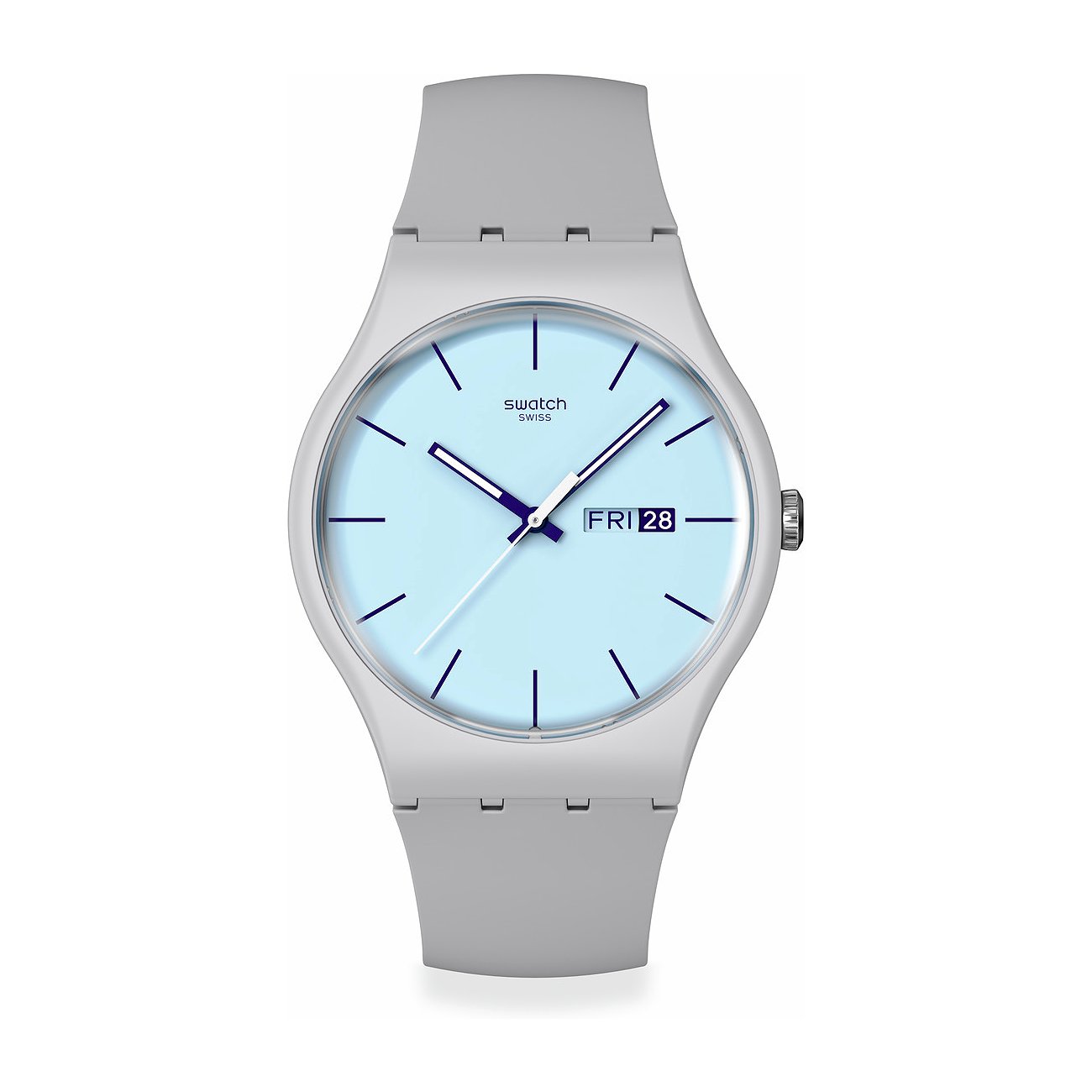 Swatch Unisexuhr mit Kunststoffgehäuse und hellblauem Zifferblatt.