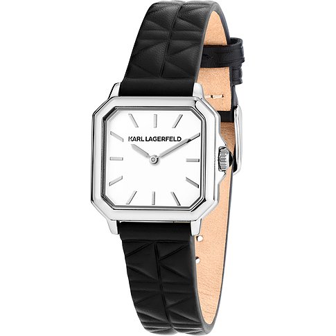 Karl Lagerfeld dameshorloge met roestvrijstalen kast, witte wijzerplaat en zwarte leren band.