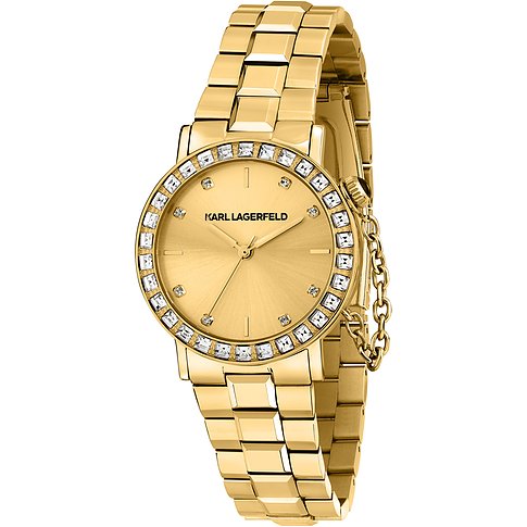 Karl Lagerfeld Damenuhr aus Edelstahl, goldfarben, mit Steinen besetzt.