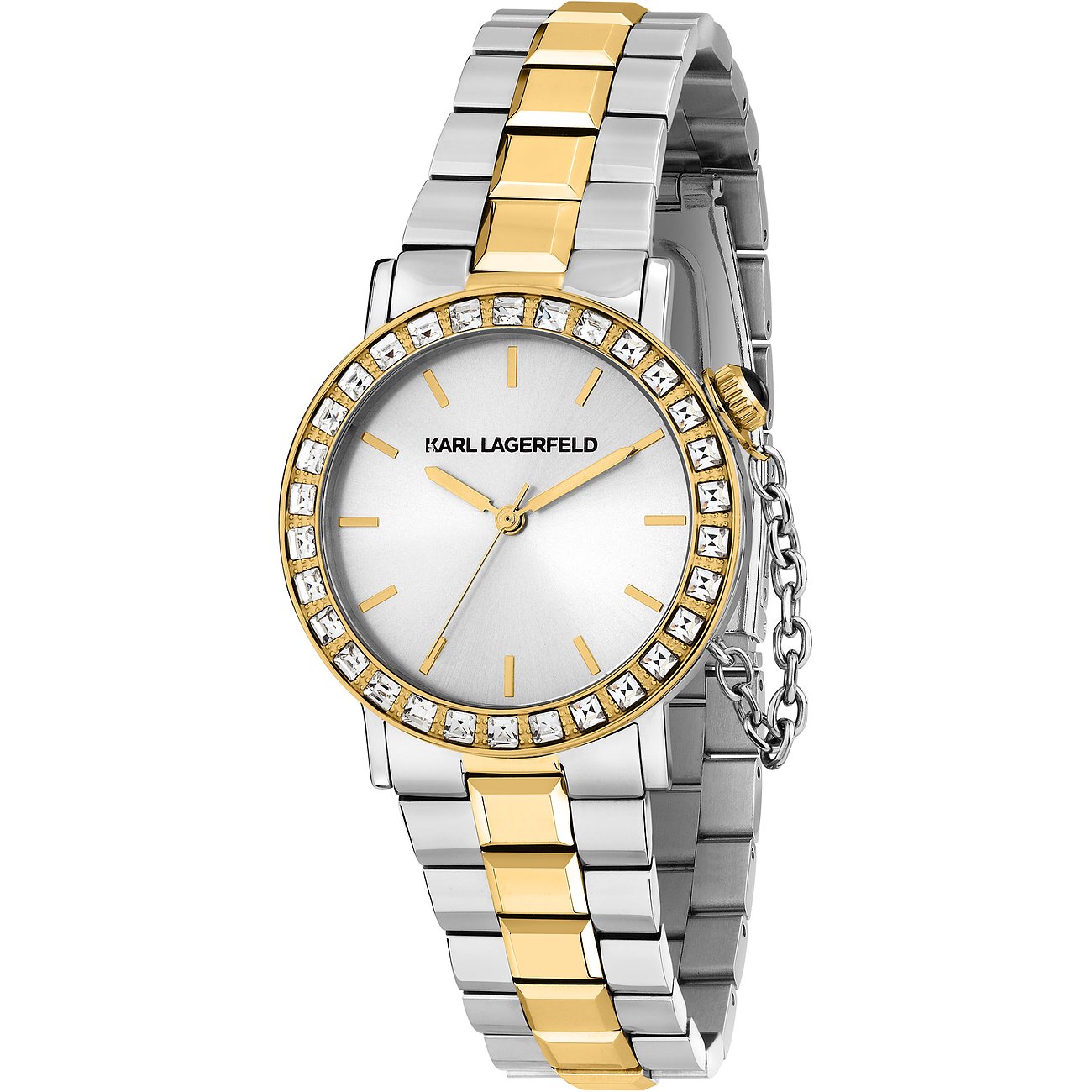 Karl Lagerfeld Damenuhr aus Edelstahl, bicolor, mit Steinen besetzter Lünette.