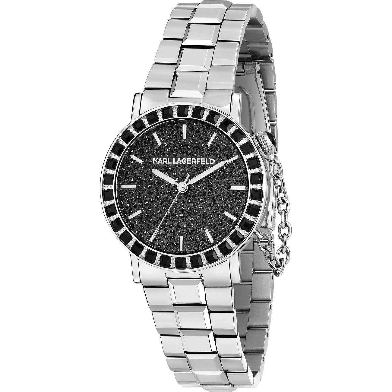 Montre Karl Lagerfeld pour femme en acier inoxydable avec cadran noir et pierres noires.