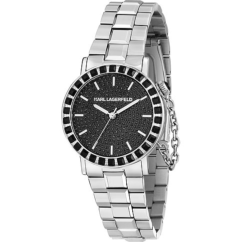 Karl Lagerfeld Damenuhr aus Edelstahl mit schwarzem Zifferblatt und schwarzen Steinen.