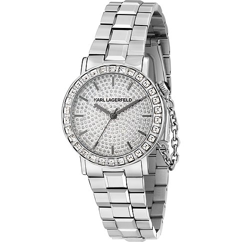 Karl Lagerfeld Damenuhr aus Edelstahl, analog, mit vielen Steinen besetzt.