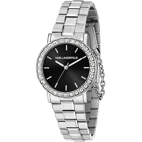Karl Lagerfeld Damenuhr aus Edelstahl mit schwarzem Zifferblatt und Zirkonia-Besatz.