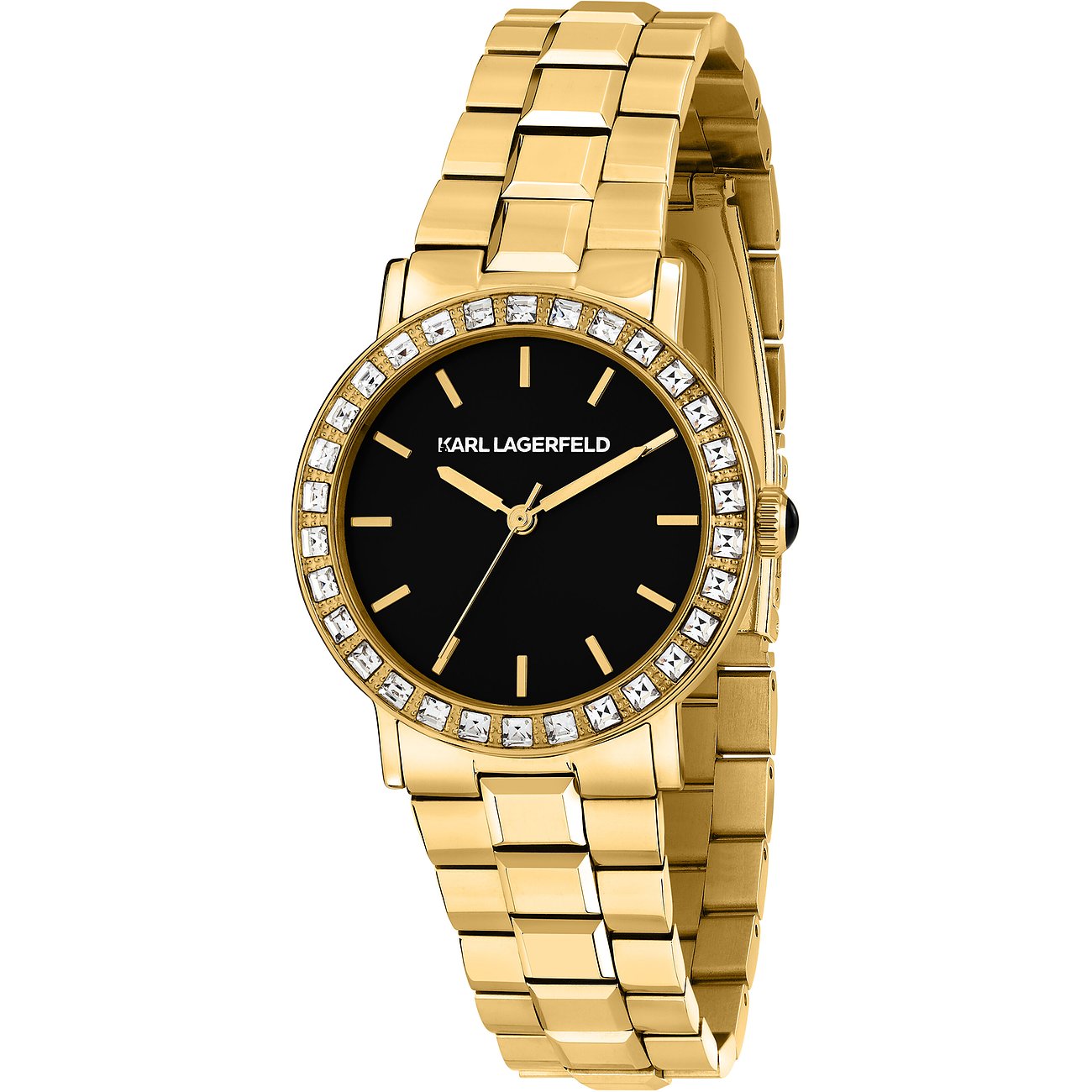 Karl Lagerfeld damklocka med boett i rostfritt stål, svart urtavla och utsmyckad infattning.
