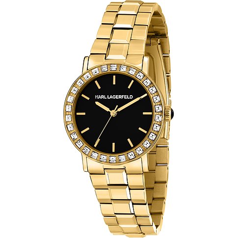 Karl Lagerfeld Damenuhr mit Edelstahlgehäuse, schwarzem Zifferblatt und besetzter Lünette.
