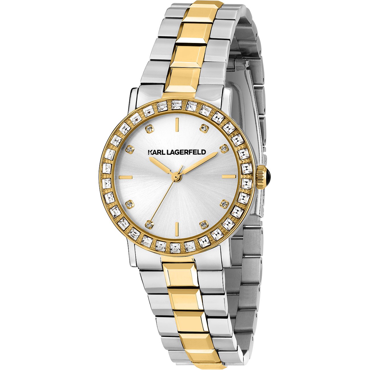 Montre Karl Lagerfeld pour femme avec boîtier en acier inoxydable, bicolore, avec lunette sertie de zircones.