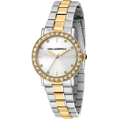 Karl Lagerfeld Damenuhr mit Edelstahlgehäuse, bicolor, mit Zirkonia besetzter Lünette.