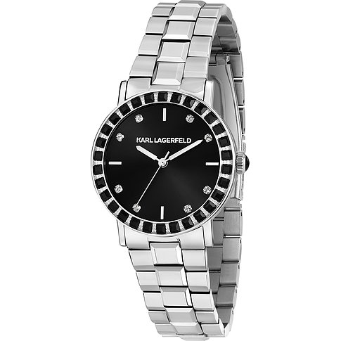 Karl Lagerfeld Damenuhr mit Edelstahlgehäuse, schwarzem Zifferblatt und Kristallbesatz.