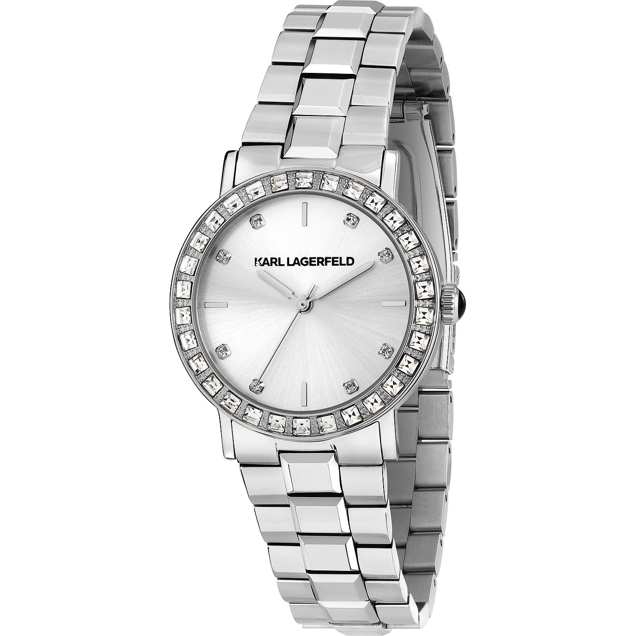 Karl Lagerfeld Damenuhr mit Edelstahlgehäuse und Kristallbesatz.