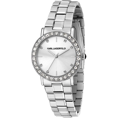 Karl Lagerfeld Damenuhr mit Edelstahlgehäuse und Kristallbesatz.