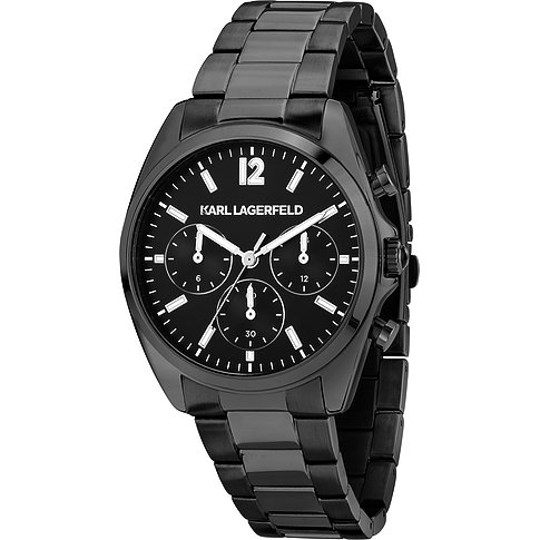 Karl Lagerfeld Damenuhr mit Edelstahlgehäuse, schwarzem Zifferblatt und Chronographen.