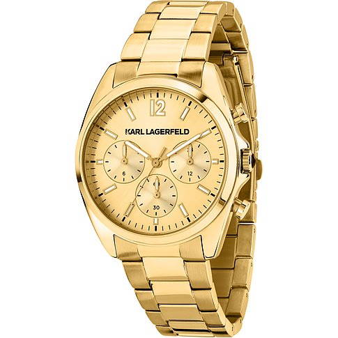 Karl Lagerfeld Damenuhr mit Edelstahlgehäuse, analog, goldfarben, Chronograph.