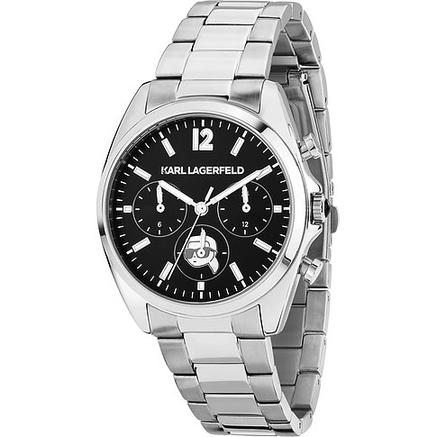 Karl Lagerfeld Damenuhr mit Edelstahlgehäuse und schwarzem Zifferblatt.