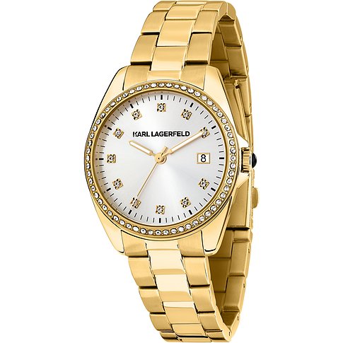 Karl Lagerfeld Damenuhr mit Edelstahlgehäuse, weißem Zifferblatt und Kristallbesatz.