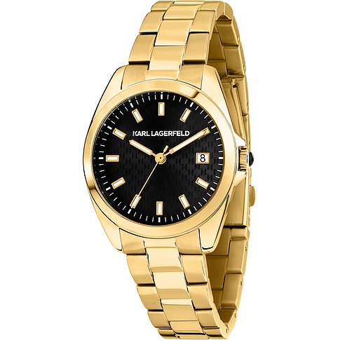 Karl Lagerfeld Damenuhr mit Edelstahlgehäuse, analog, schwarzes Zifferblatt.
