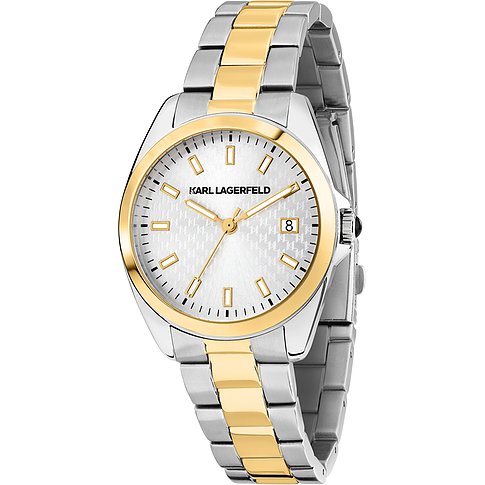 Karl Lagerfeld Damenuhr mit Edelstahlgehäuse, bicolor, analog mit Datumsanzeige.