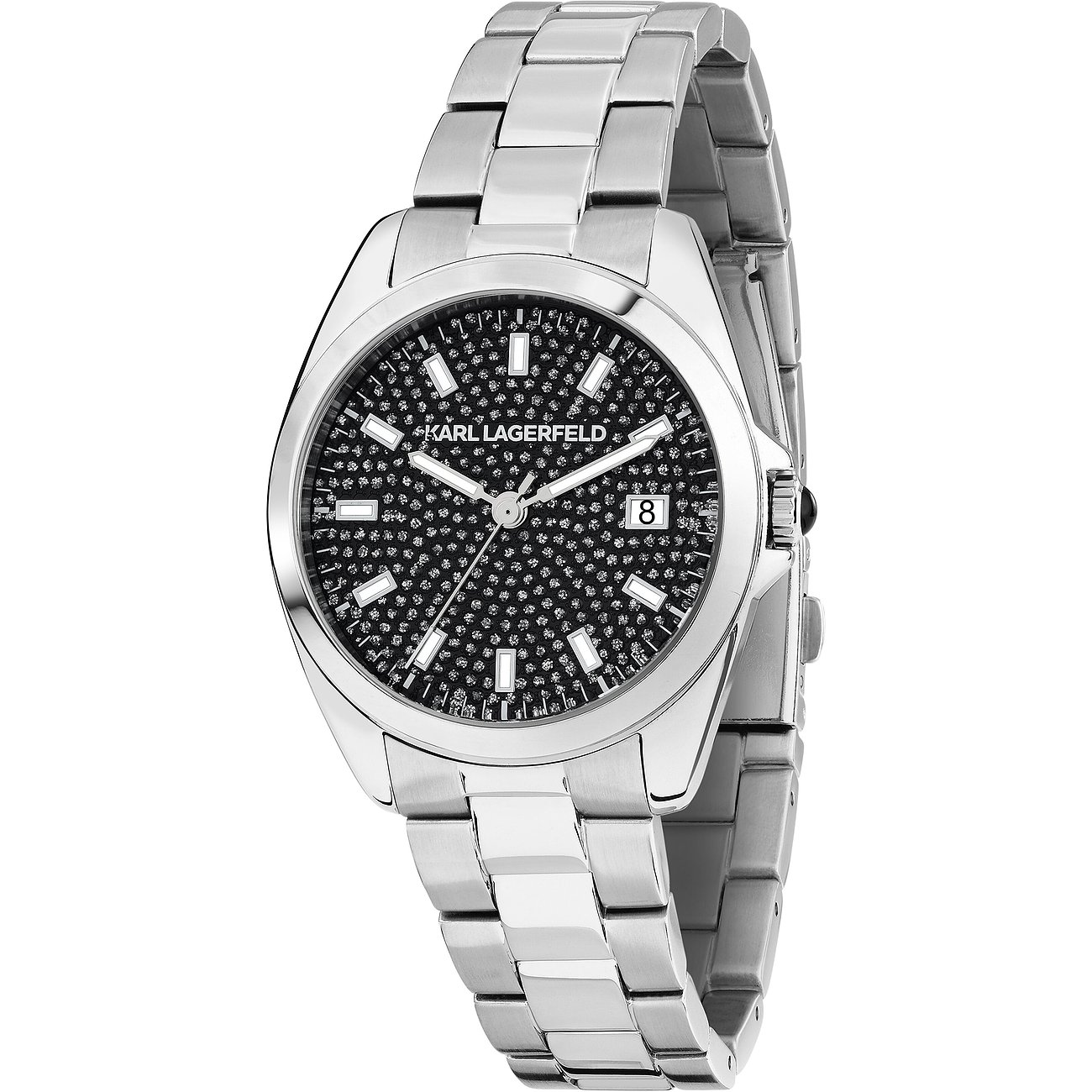 Karl Lagerfeld dameur i rustfrit stål med sort urskive og mange sten.