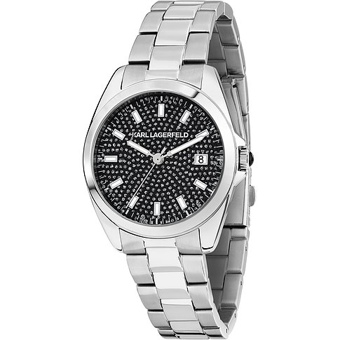 Karl Lagerfeld Damenuhr aus Edelstahl mit schwarzem Zifferblatt und vielen Steinen.