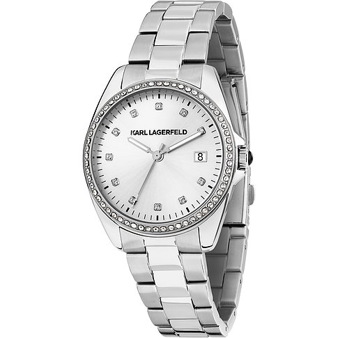 Karl Lagerfeld Damenuhr aus Edelstahl mit Zirkonia-besetzter Lünette und silbernem Zifferblatt.