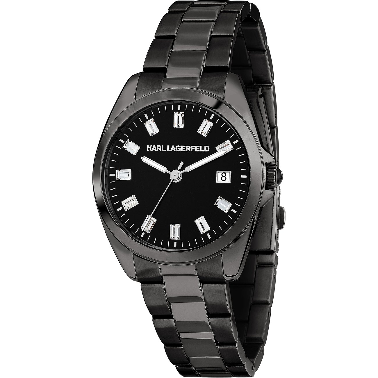 Karl Lagerfeld dameshorloge met roestvrijstalen kast, zwarte wijzerplaat en rechthoekige stenen.