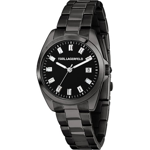Karl Lagerfeld Damenuhr mit Edelstahlgehäuse, schwarzem Zifferblatt und rechteckigen Steinen.