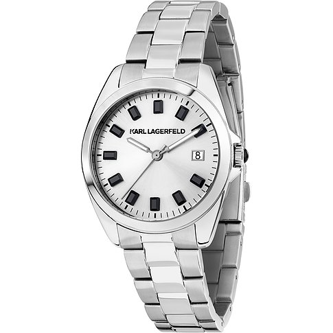 Karl Lagerfeld Damenuhr mit Edelstahlgehäuse, silberfarben, analog, mit schwarzen Stundenmarkierungen.