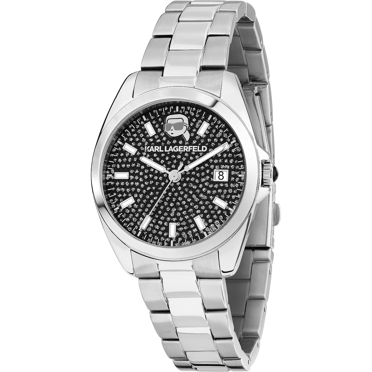 Karl Lagerfeld Damenuhr aus Edelstahl mit schwarzem Zifferblatt und vielen Steinen.