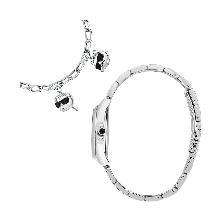 Karl Lagerfeld Set aus Edelstahl mit Charms und Uhr.