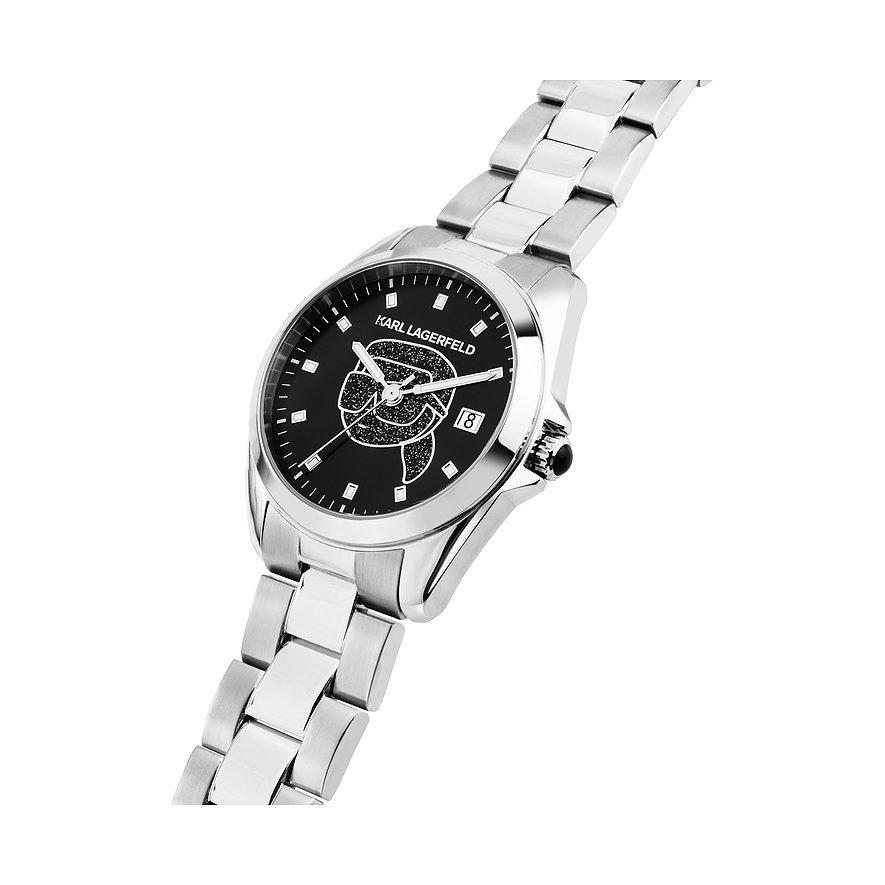 Karl Lagerfeld Damenuhr mit Edelstahlgehäuse, schwarzem Zifferblatt und Glitzer-Detail.