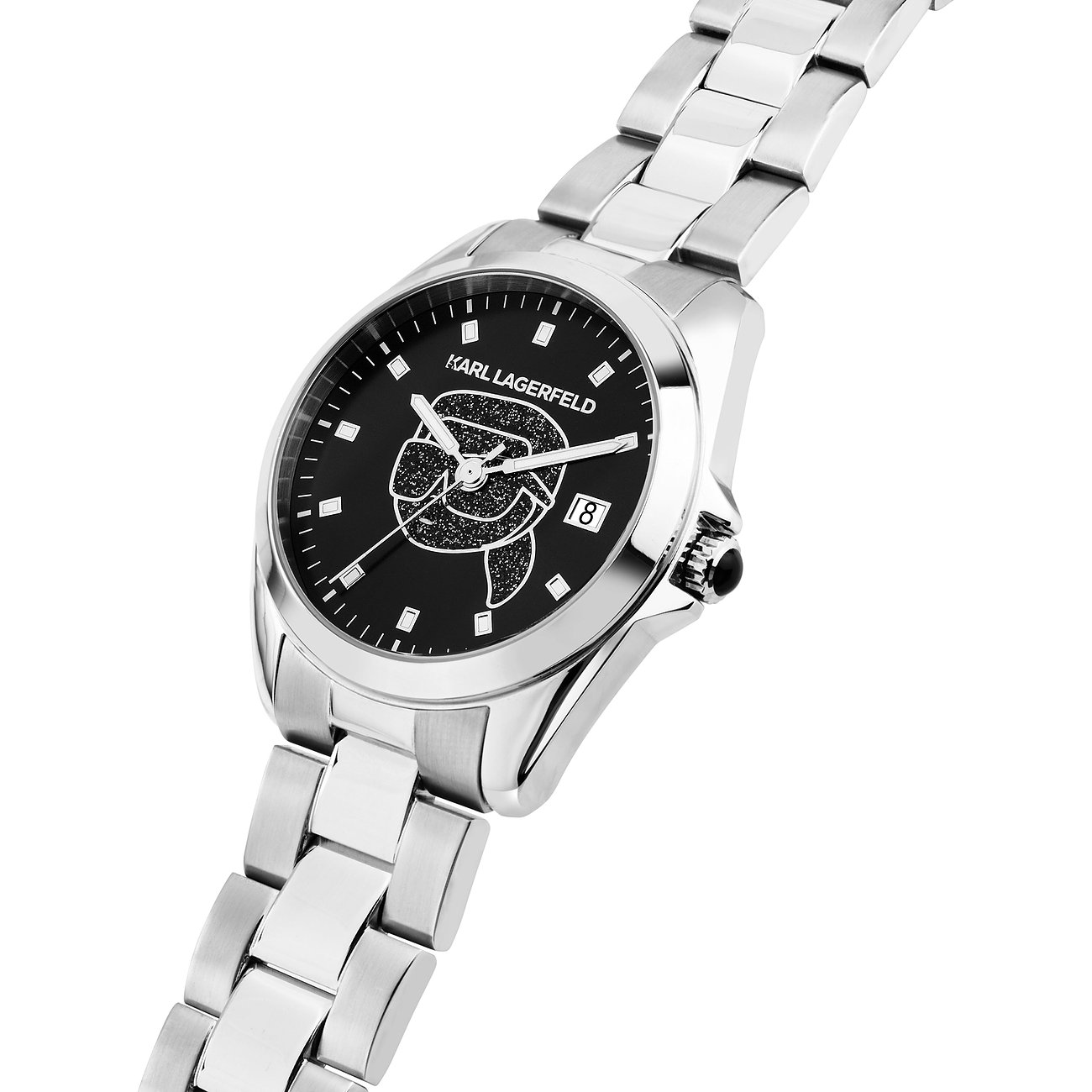 Karl Lagerfeld Damenuhr mit Edelstahlgehäuse, schwarzem Zifferblatt und Glitzer-Detail.