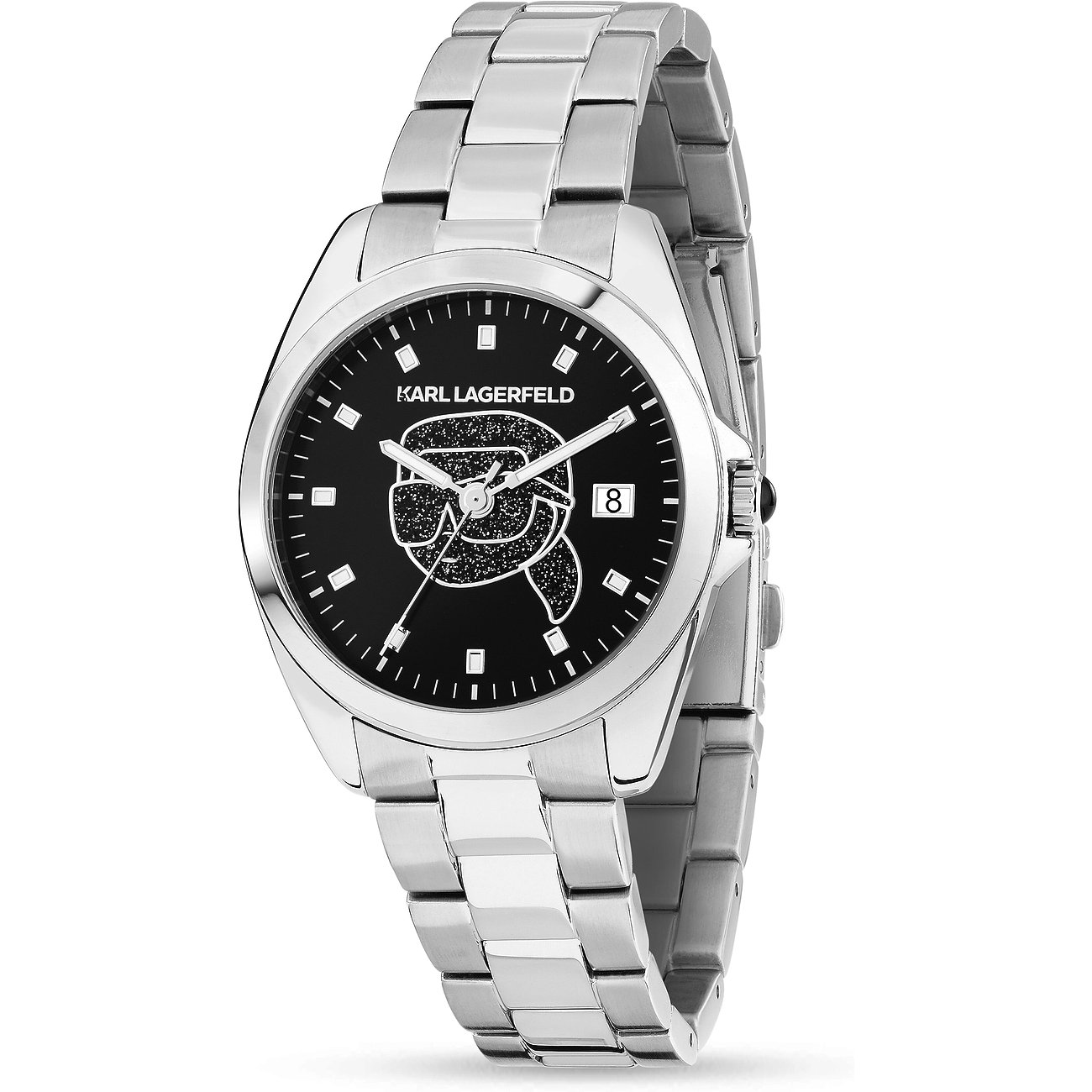 Karl Lagerfeld Uhr mit Edelstahlgehäuse, schwarzem Zifferblatt und Datum.
