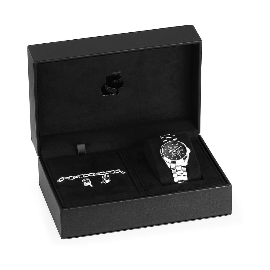 Karl Lagerfeld Set mit Edelstahl-Armband und schwarzer Uhr mit Datum.