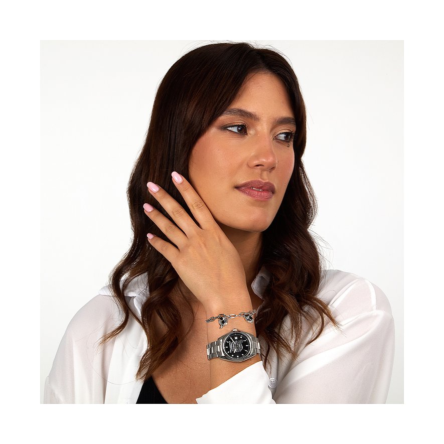 Karl Lagerfeld Damenuhr mit Edelstahlgehäuse, analog, schwarzes Zifferblatt.