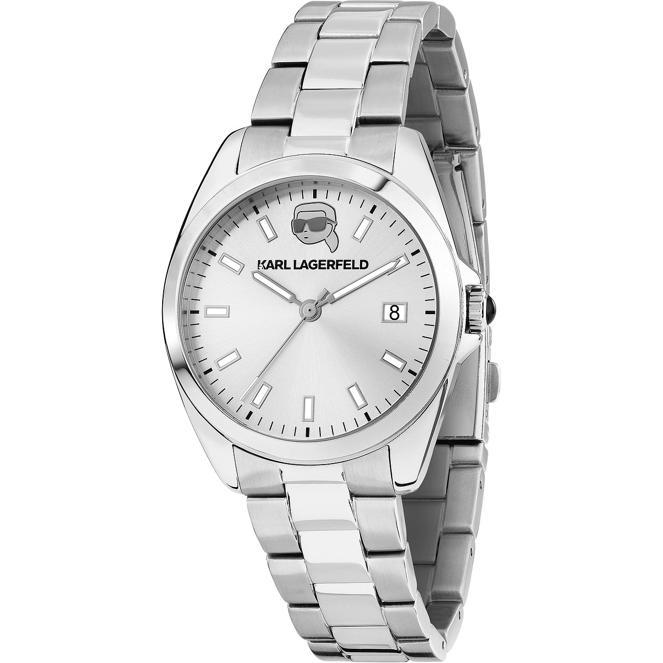 Karl Lagerfeld Damenuhr mit Edelstahlgehäuse, silberfarben, analog, mit Datum.