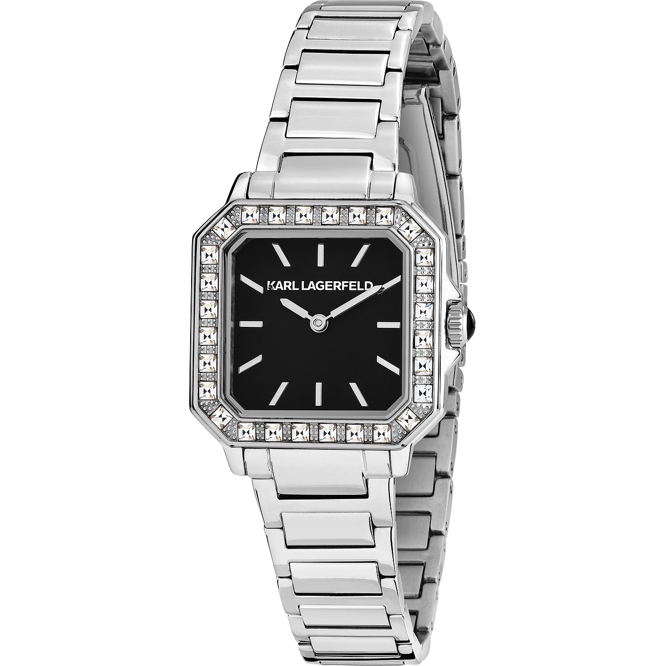 Montre Karl Lagerfeld pour femme en acier inoxydable avec cadran noir et ornements en cristal.