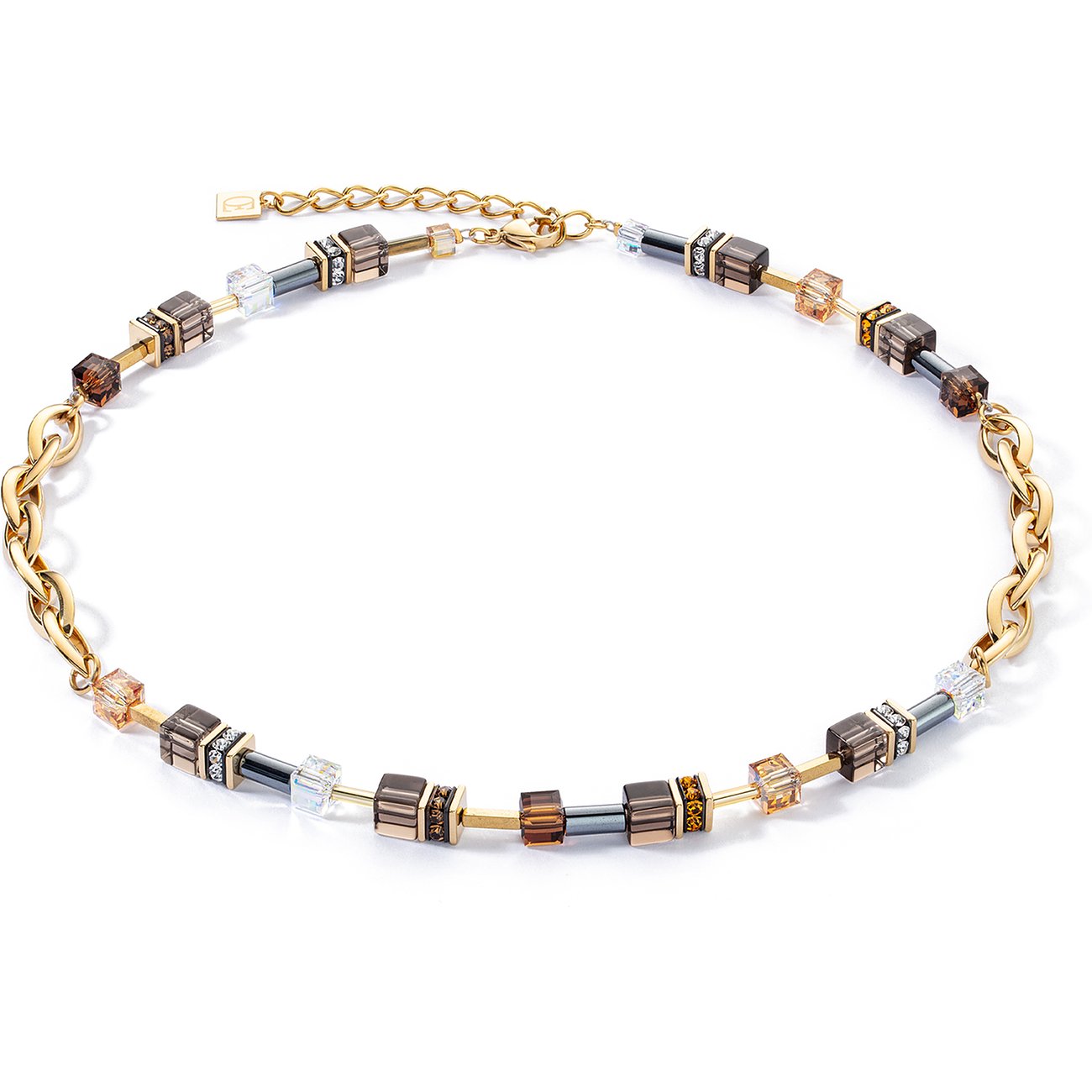 Coeur de Lion Halsschmuck aus Edelstahl mit Rauchquarz und Kristallsteinen.