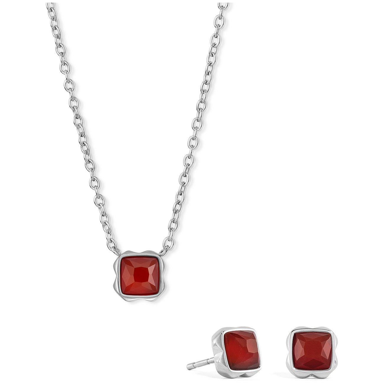 Coeur de Lion smykkesæt i rustfrit stål med røde sten.