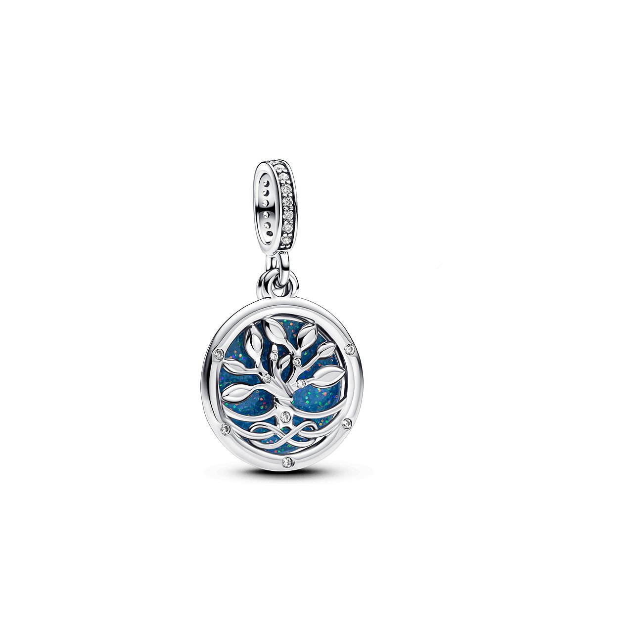 Pandora Anhängeschmuck aus 925er Silber mit Baummotiv auf blauem Emaille und Zirkonia als Zierelementen.