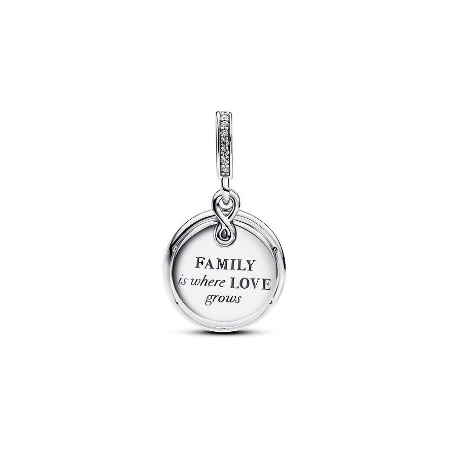Pandora Anhängeschmuck aus 925er Silber und Zirkonia. Ein runder Anhänger mit der Aufschrift „FAMILY is where LOVE grows“.