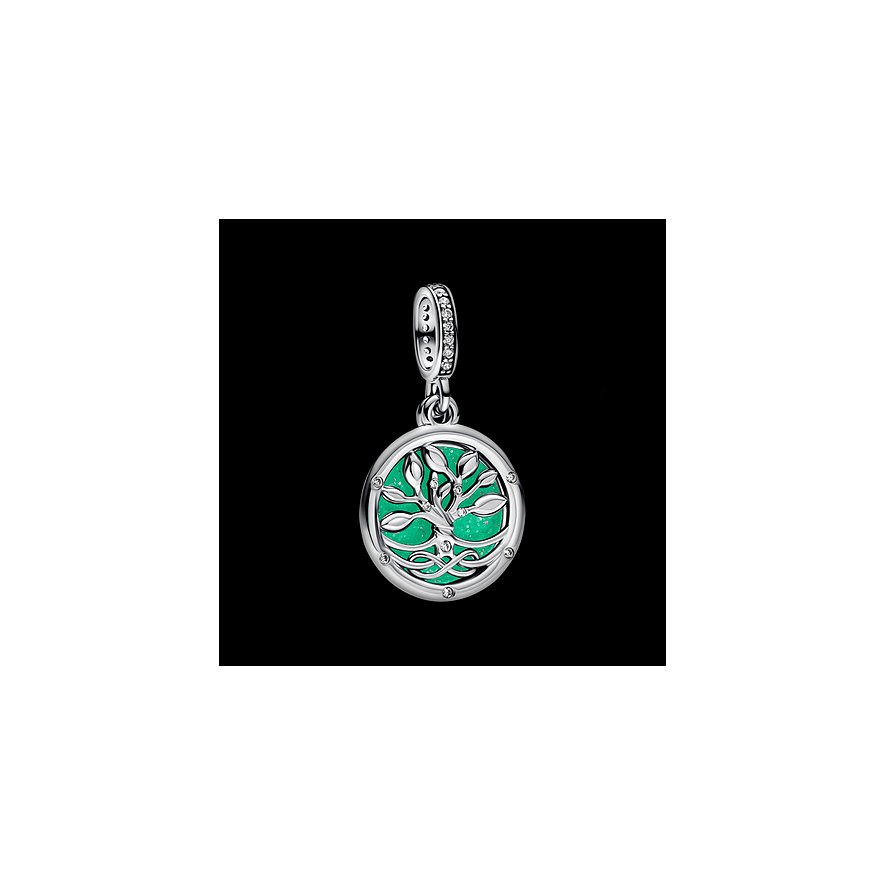 Pandora Anhängeschmuck aus 925er Silber mit grünem Emaille und Zirkonia in Baum-des-Lebens-Motiv.