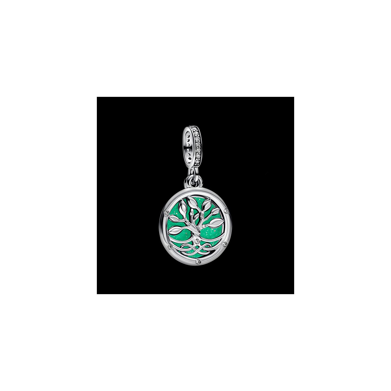 Pandora Anhängeschmuck aus 925er Silber mit grünem Emaille und Zirkonia in Baum-des-Lebens-Motiv.