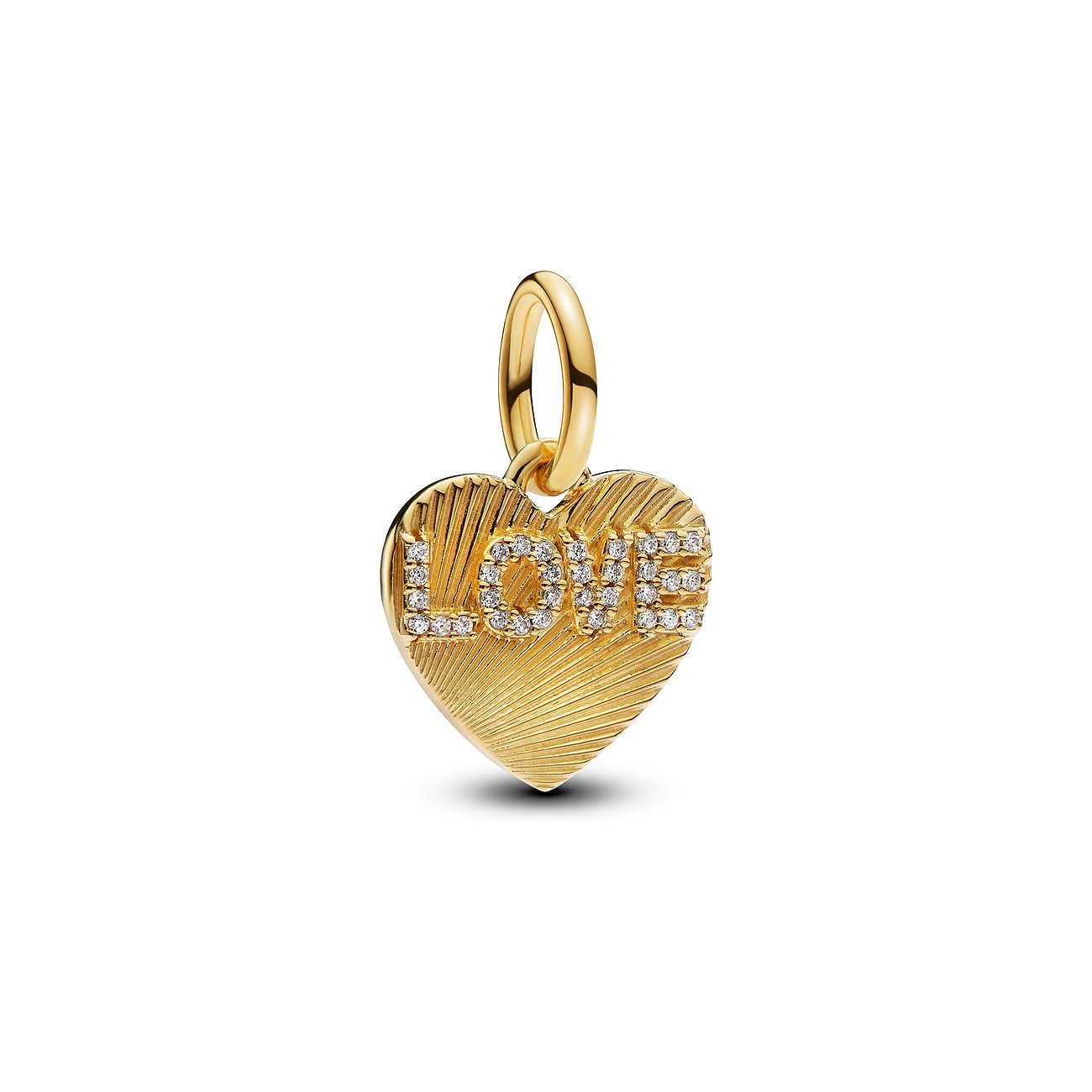 Pandora Anhänger aus goldfarbenem Metall mit Zirkonia im Herzdesign.