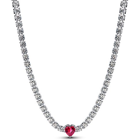 Pandora Silber 925 Halsschmuck mit roten Herz-Farbstein und weißen Steinen.