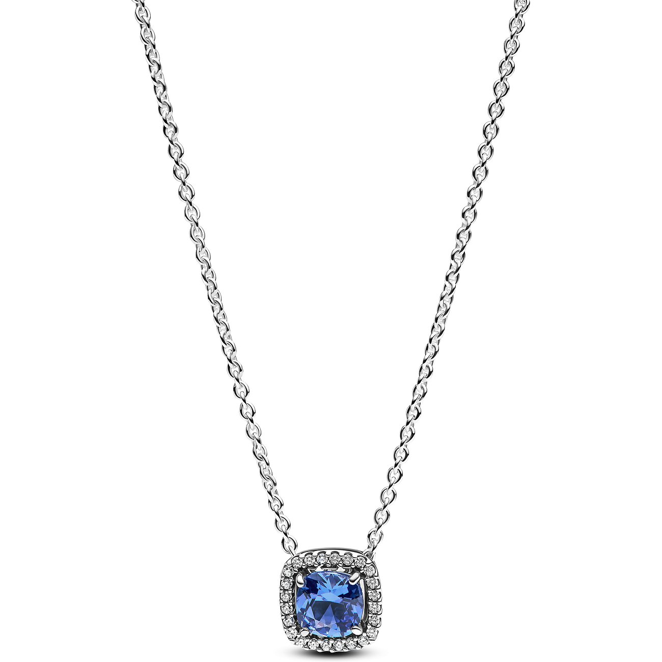 Pandora Silberkette mit blauem Stein und weißen Zirkonia.