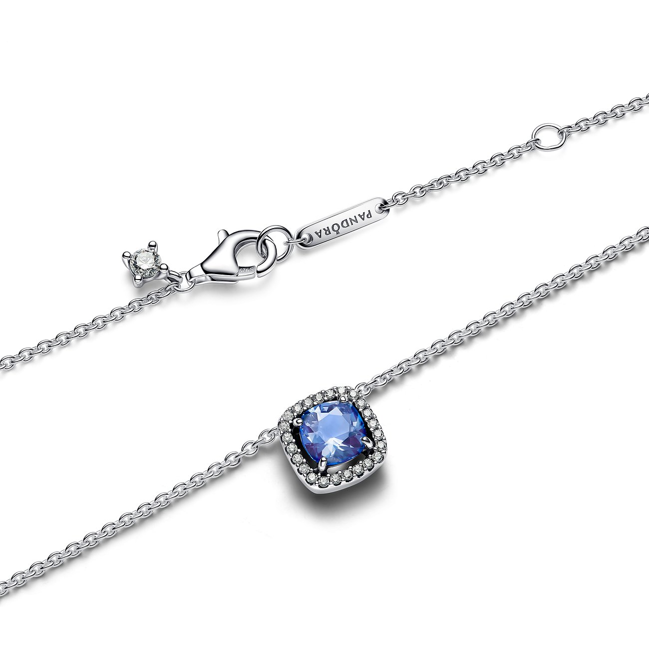 Pandora Halskette aus 925er Silber mit blauem Farbstein und Zirkonia.