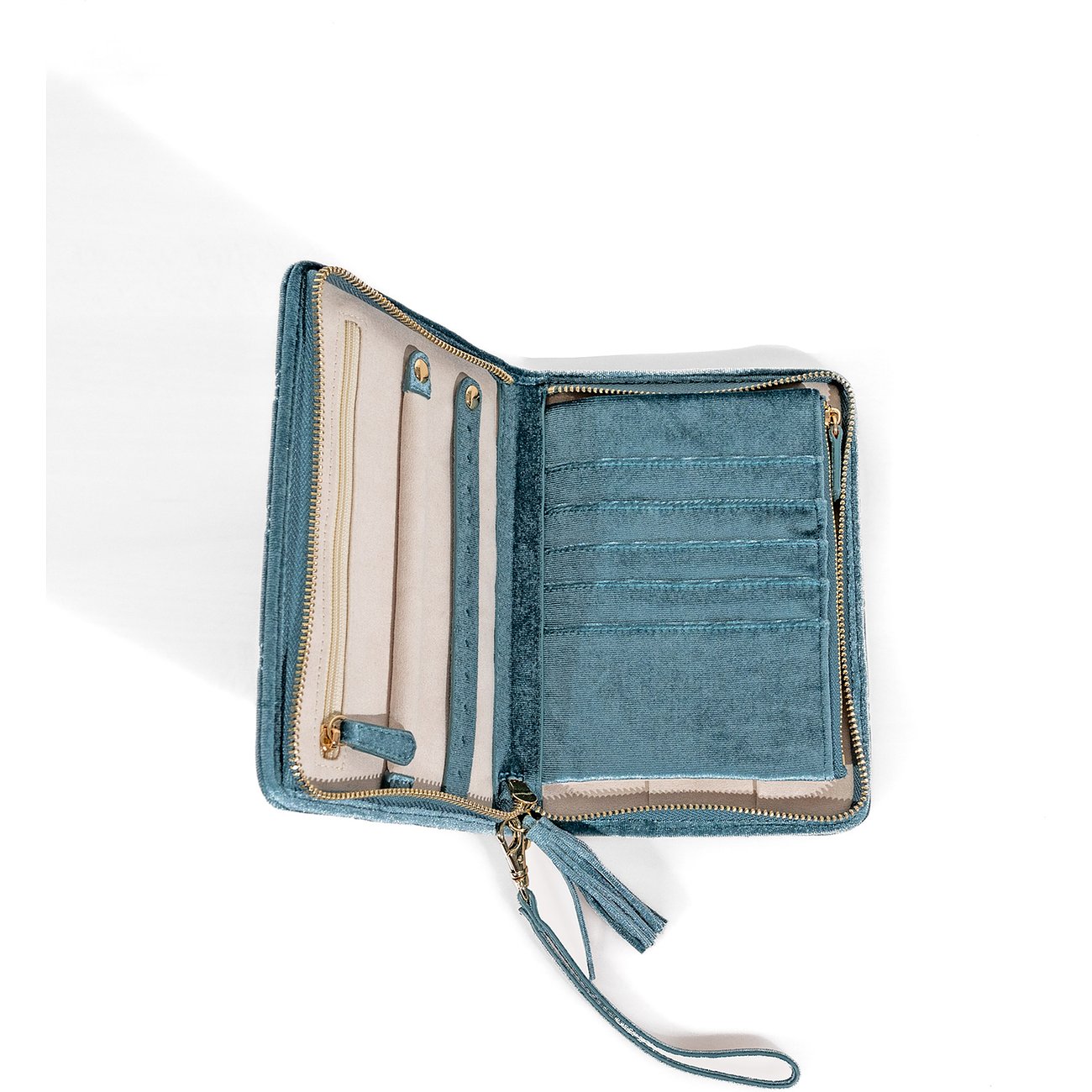 Friedrich23 Schmuck-Etui aus blauem Samt mit Reißverschluss und Quaste.