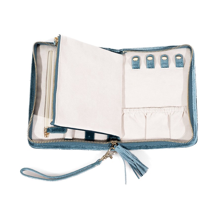 Friedrich23 Schmuckkästchen aus blauem Samt mit Reißverschluss und Quaste.