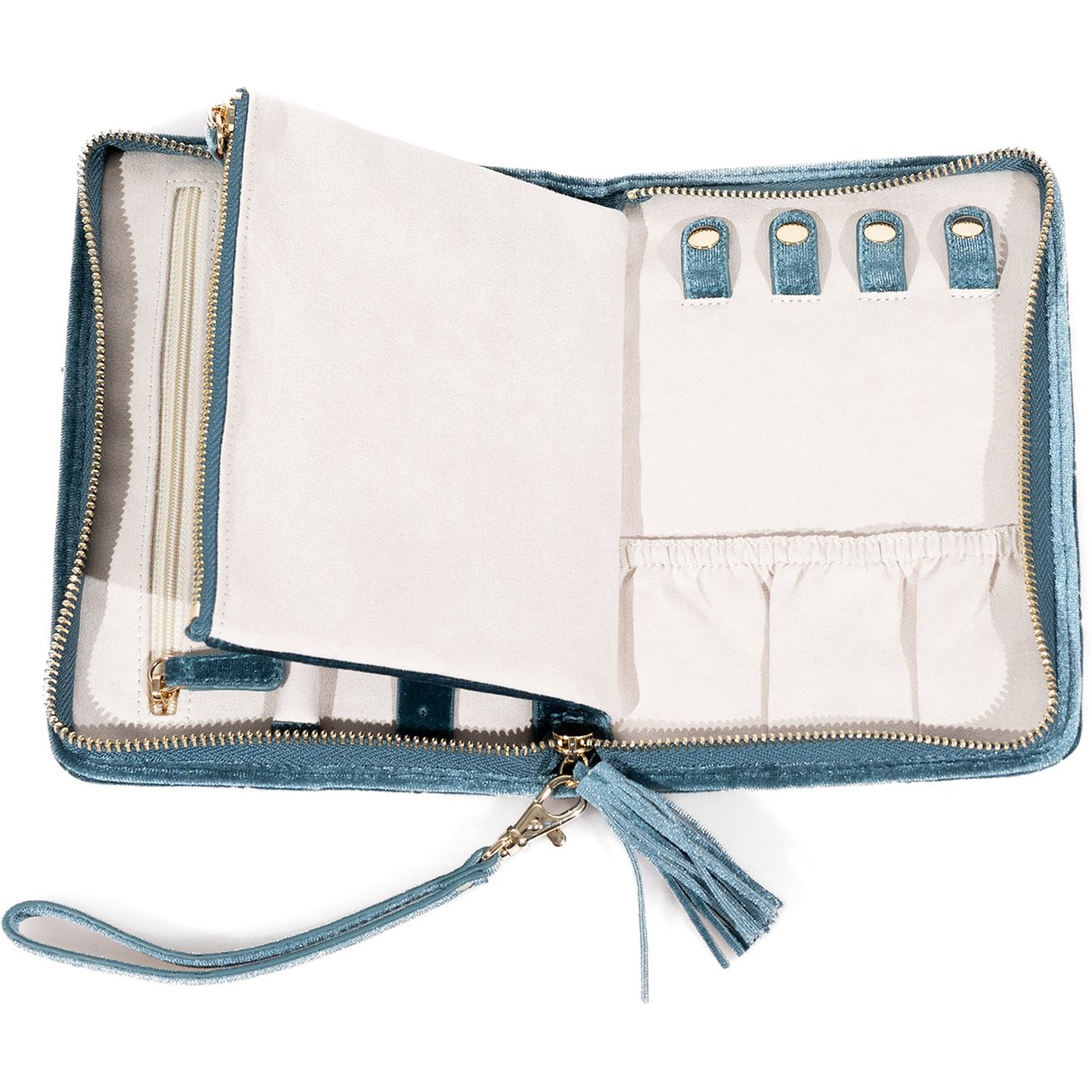 Friedrich23 Schmuckkästchen aus blauem Samt mit Reißverschluss und Quaste.