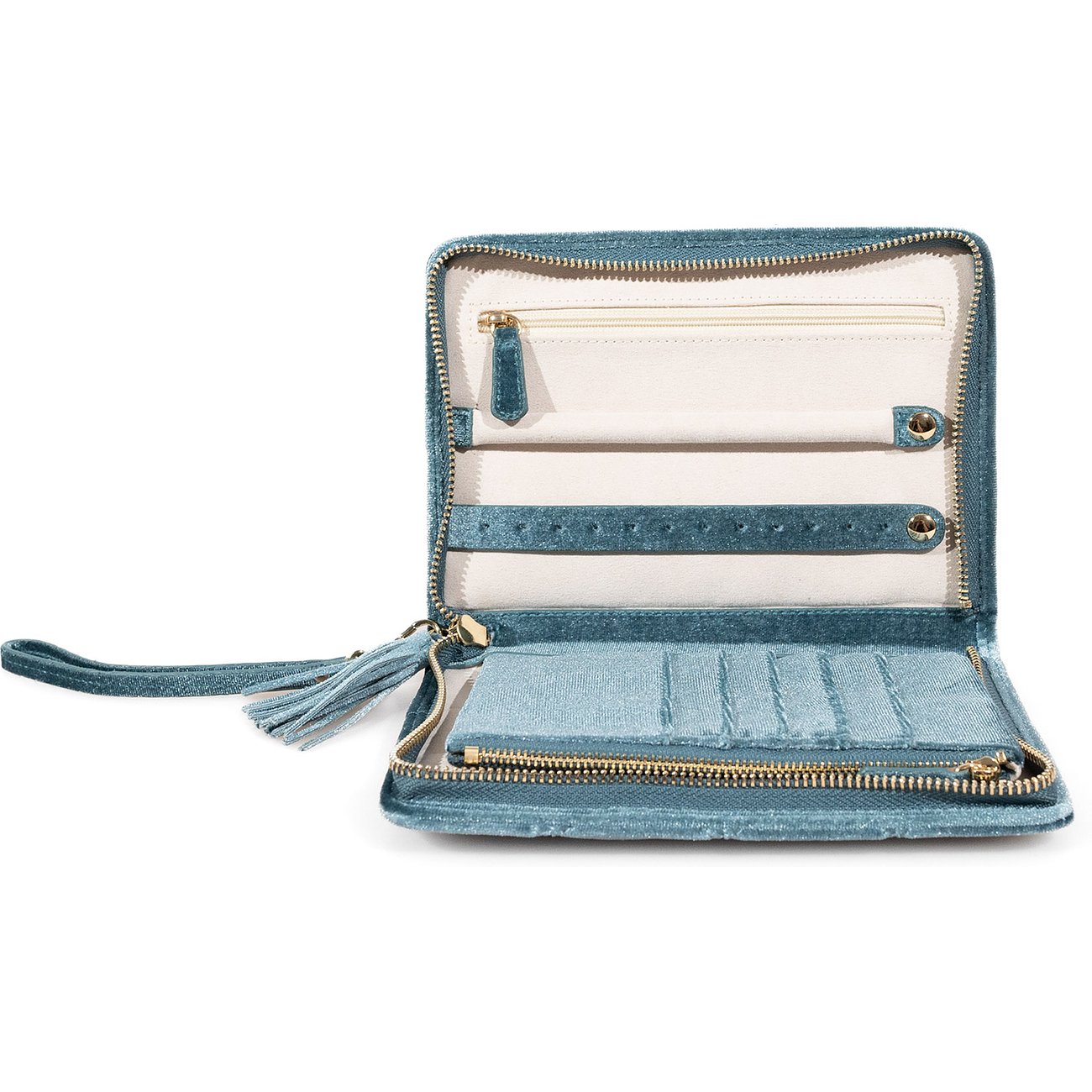 Friedrich23 Schmuckkästchen aus blauem Samt mit Reißverschluss und Quaste.